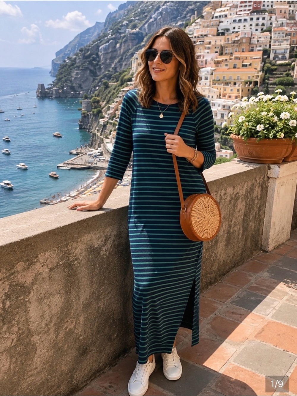 Gilli Navy & Green Striped Long Sleeve Midaxi Dress in Size Medium NWT